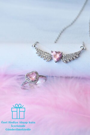 Zircon Stone Wing Heart Steel Necklace and Silver Adjustable Pandora Ring - Dukkanka
