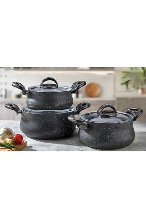 Zk-049 Zetra 3-Piece Granite Deep Pot Set with Glass Lid Cast Gray EDA-ZK049 - Eda