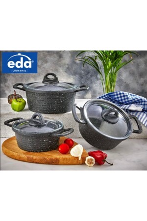 Zk-906 Asian 3-Piece Granite Deep Pot Set with Glass Lid Cast Gray EDA-ZK906 - Eda