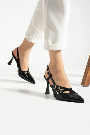 Zwei-gestreifte Damen-Absätze aus schwarzem Lackleder - Duxal Shoes
