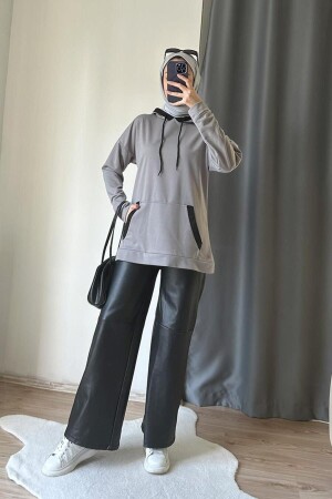 Zweifarbig garnierter SWEAT für Damen BRC1703 Grau - Burcu Tesettür