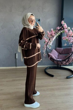 Zweifarbiger saisonaler Strickanzug aus dünnem Stoff, Braun 08887 - Şule Giyim